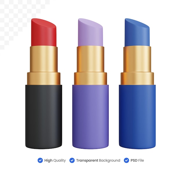 PSD 3d-rendering drei lippenstifte in drei verschiedenen farben isoliert