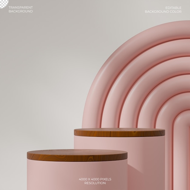 3D-Rendering durchsichtiger Hintergrund von rosa Farbe Zylinder Podium im Quadrat mit Holzkörner Textur