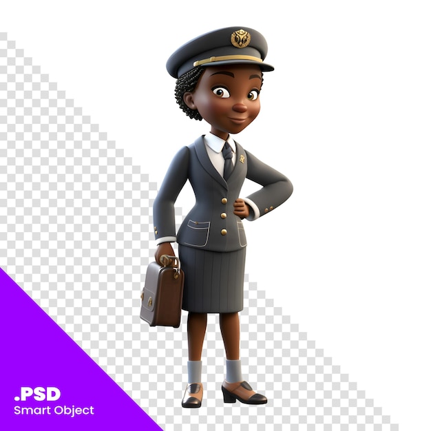 PSD 3d-rendering einer afroamerikanischen stewardess mit aktentasche psd-vorlage