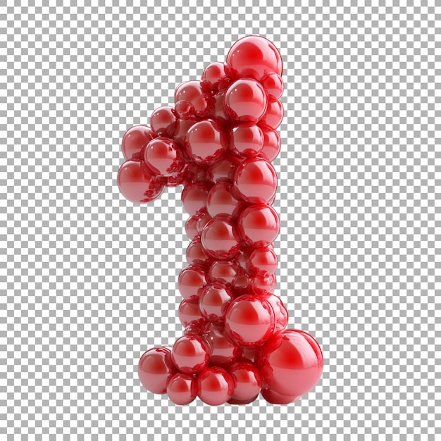 3D-Rendering einer Alphabetnummer 1 mit roten Blasen oder Ballons auf durchsichtigem Hintergrund