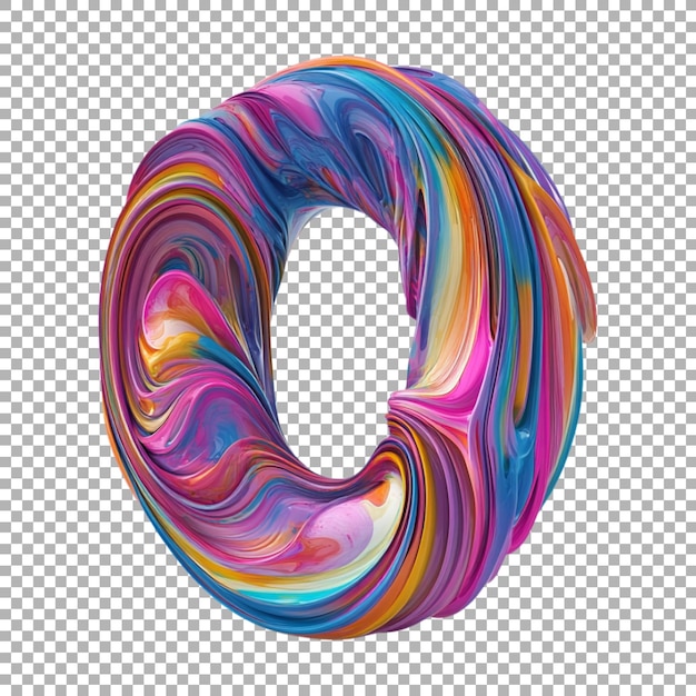 3D-Rendering einer Alphabetzahl 0 mit farbenfrohem abstrakten Wirbel auf durchsichtigem Hintergrund