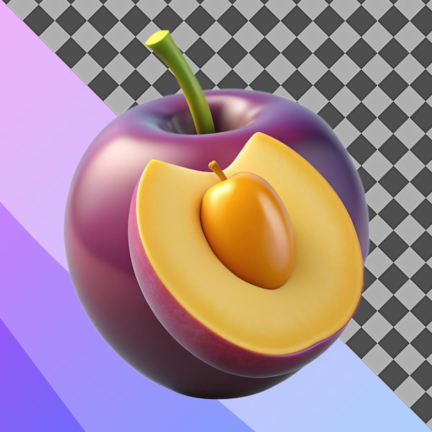 3D-Rendering einer aufgeschnittenen Pflaume, die ihre Grube zeigt