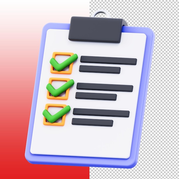 3D-Rendering einer Checkliste auf einem Clipboard