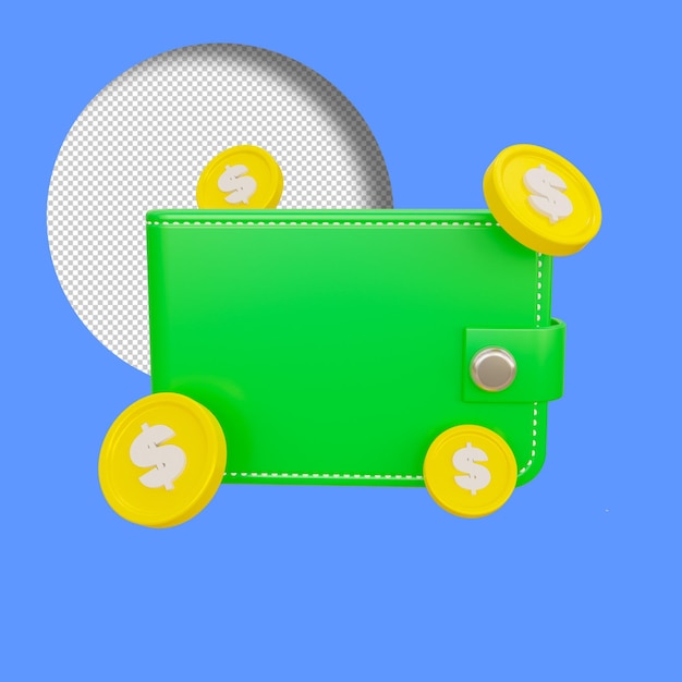 PSD 3d-rendering einer geldbörse mit münze