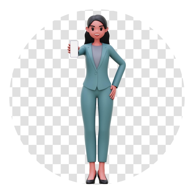 3D-Rendering einer Geschäftsfrau mit Smartphone, transparenter Hintergrundillustration