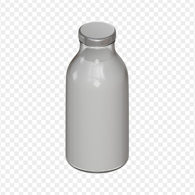 3D-Rendering einer Glasflasche mit Milch, die auf einer glänzenden Oberfläche mit sanfter Beleuchtung und Reflexionen platziert ist