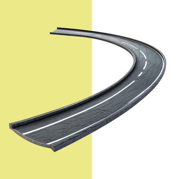 3D-Rendering einer grauen gekrümmten Asphaltstraße mit weißen Linien, die auf einem weißen Hintergrund isoliert sind.