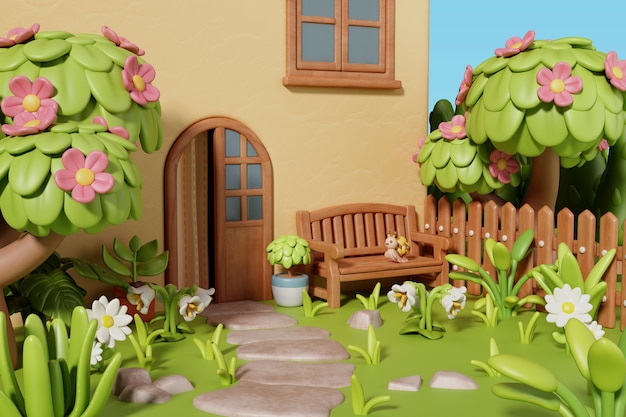 3D-Rendering einer Hausillustration im Freien
