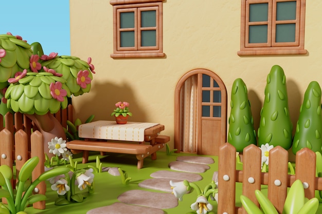 3D-Rendering einer Hausillustration im Freien