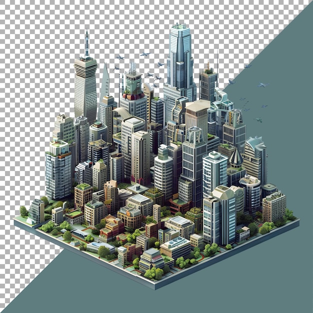 PSD 3d-rendering einer isometrischen modernen stadt auf durchsichtigem hintergrund