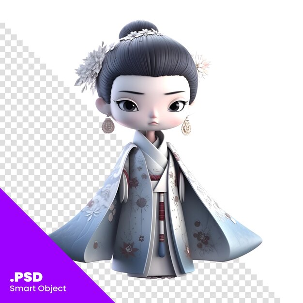 PSD 3d-rendering einer japanischen geisha in einer kimono-psd-vorlage