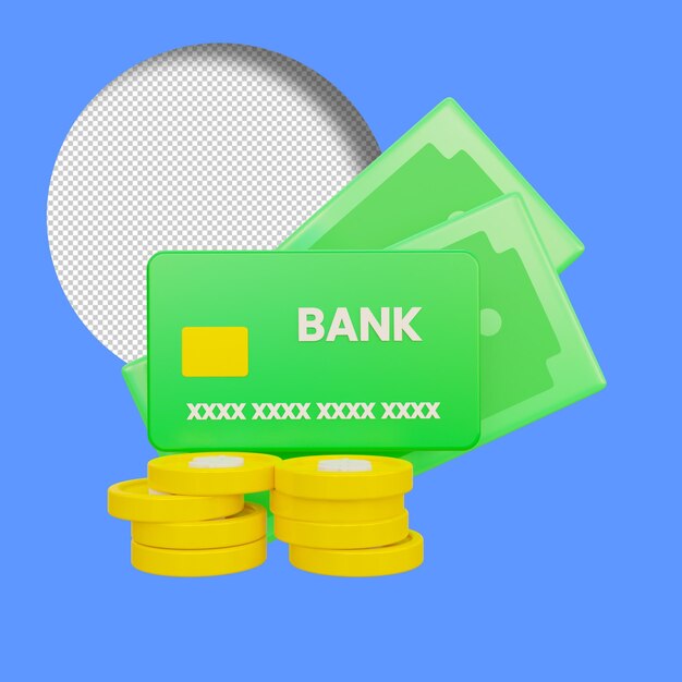 3D-Rendering einer Kreditkarte mit Geld, Finanztransaktionen mithilfe von Kreditkarten, Konzeptillustration