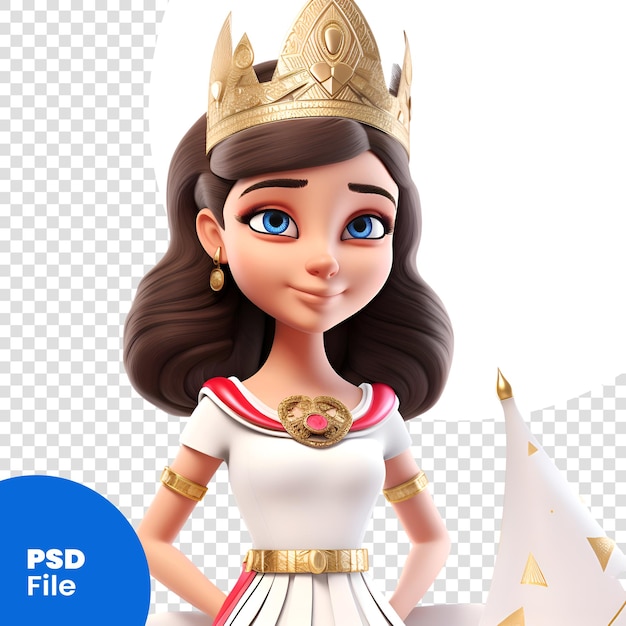 PSD 3d-rendering einer prinzessin mit einer krone isoliert auf weißem hintergrund psd-vorlage