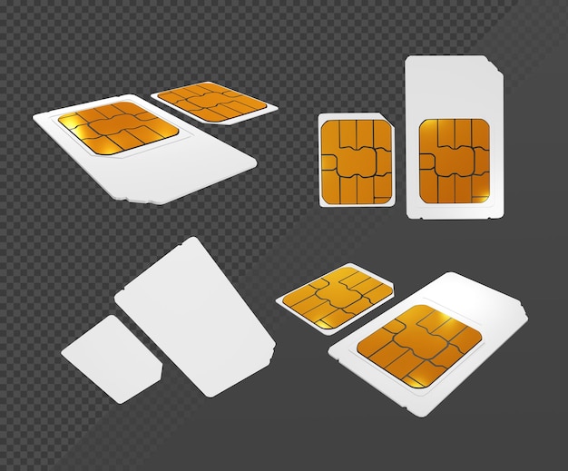 3D-Rendering einer sauberen goldweißen SIM-Karte aus verschiedenen Perspektiven