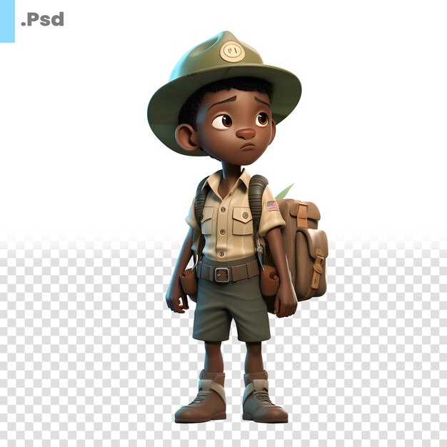 3d-rendering eines afrikanischen pfadfinders mit rucksack und hut psd-vorlage