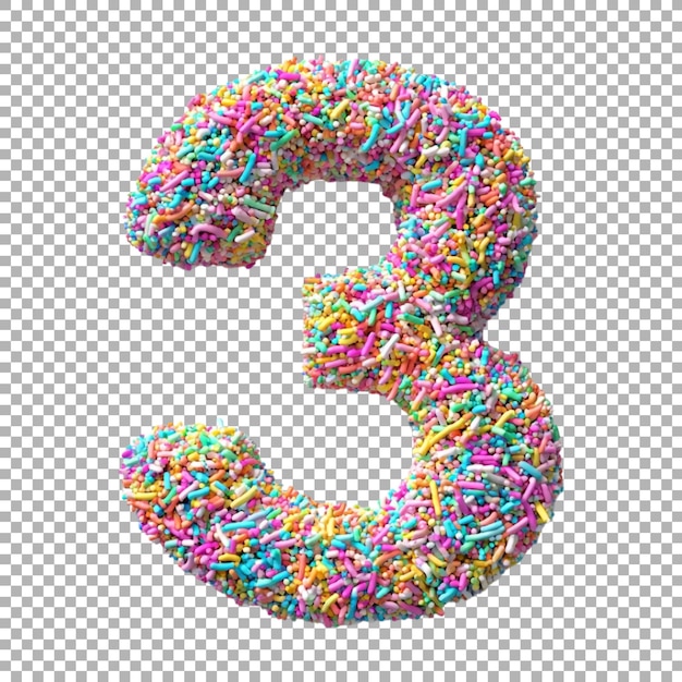 3D-Rendering eines Alphabets mit der Nummer 3 mit farbenfrohen Sprinkles auf durchsichtigem Hintergrund