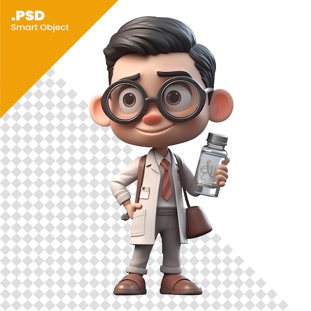 PSD 3d-rendering eines arztes mit einer flasche medizin auf weißem hintergrund psd-vorlage