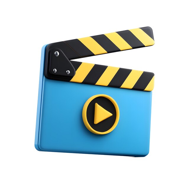 3D-Rendering eines blauen Clapperboards mit einem Play-Knopf
