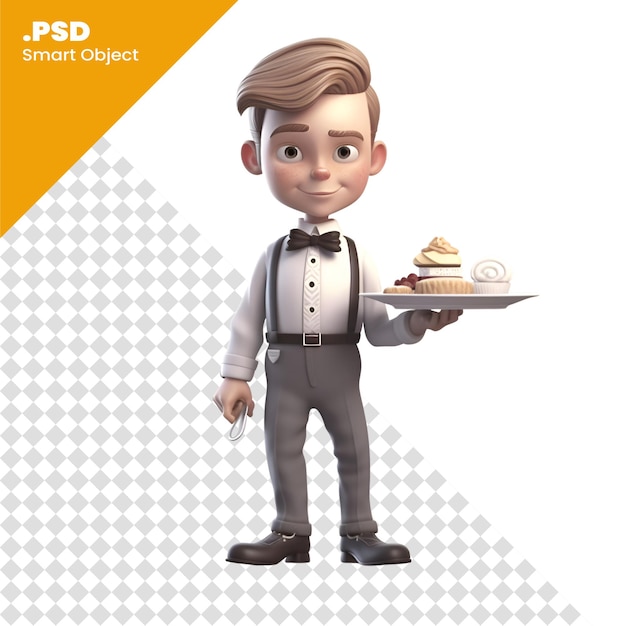 PSD 3d-rendering eines cartoon-kellners mit einem teller kuchen psd-vorlage