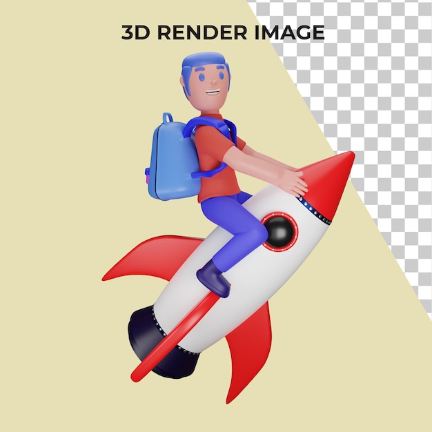 3D-Rendering eines Charakters, der eine Rakete mit einem Schulkonzept fährt