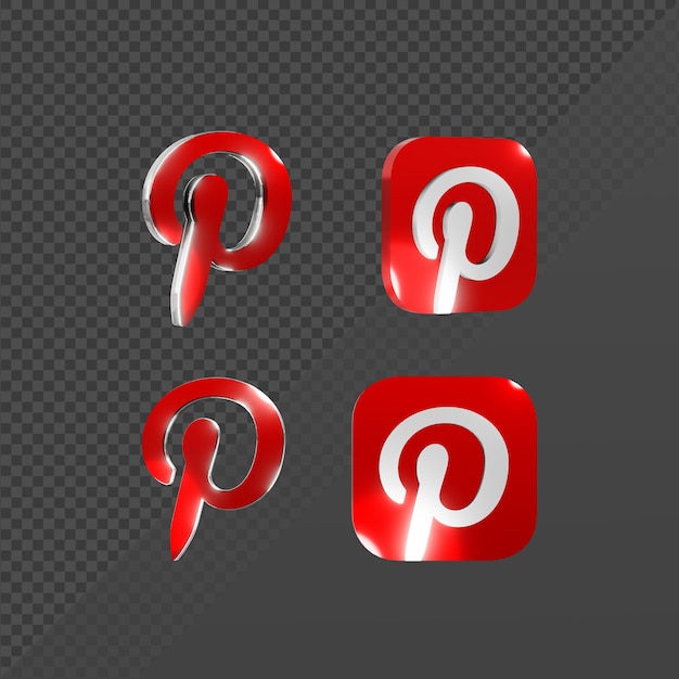 PSD 3d-rendering eines glänzenden pinterest-symbollogos aus verschiedenen perspektiven