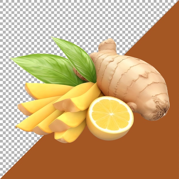 PSD 3d-rendering eines ingwers mit blättern auf durchsichtigem hintergrund