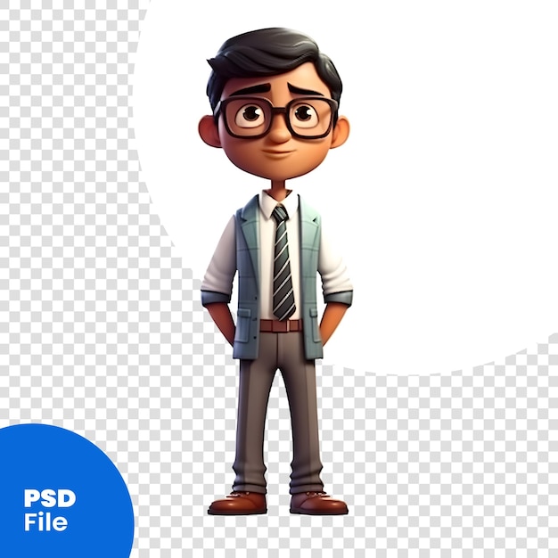 PSD 3d-rendering eines jungen geschäftsmanns mit brille und pose psd-vorlage
