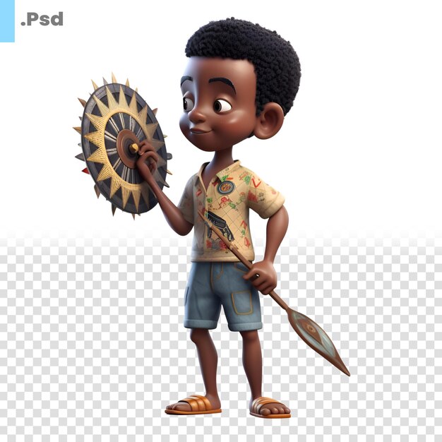 PSD 3d-rendering eines kleinen afroamerikanischen jungen mit einem holzschild psd-vorlage