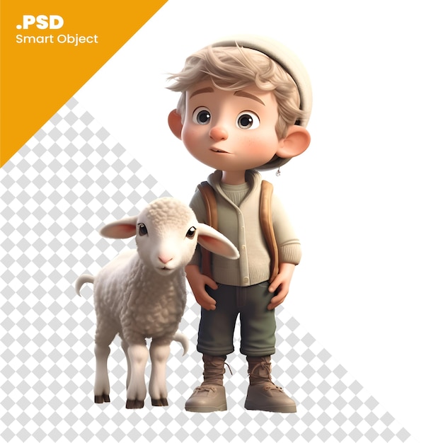 PSD 3d-rendering eines kleinen jungen mit einem schaf auf einem weißen hintergrund psd-vorlage