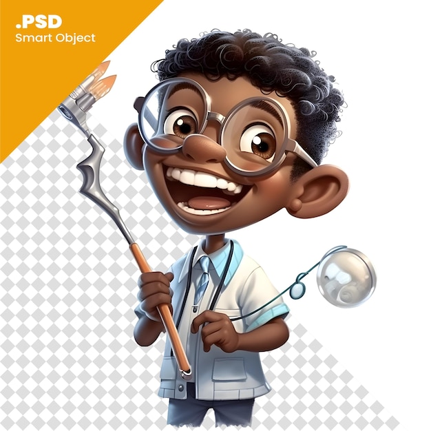 PSD 3d-rendering eines kleinen jungen mit einem stethoskop und einer pinsel-psd-vorlage