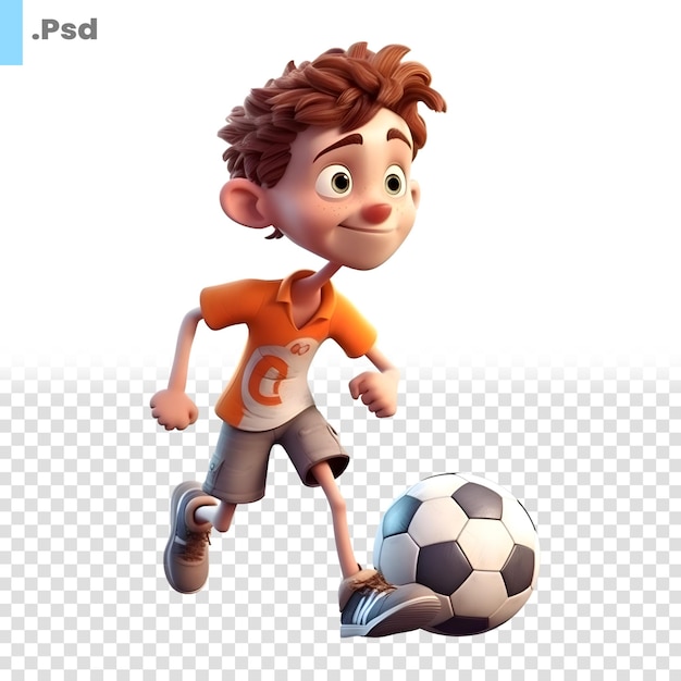 PSD 3d-rendering eines kleinen jungen mit fußball isoliert auf weißem hintergrund psd-vorlage