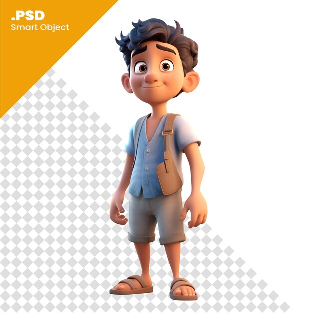 PSD 3d-rendering eines kleinen jungen mit t-shirt und shorts psd-vorlage