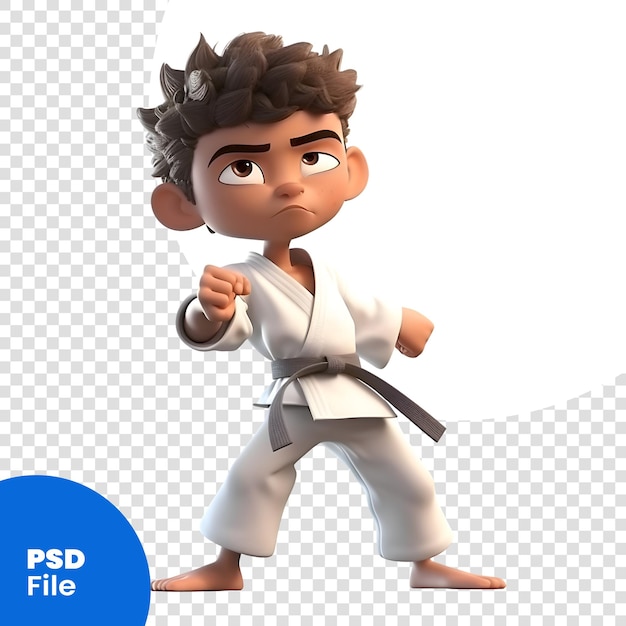 PSD 3d-rendering eines kleinen karate-jungen mit daumen nach unten psd-vorlage