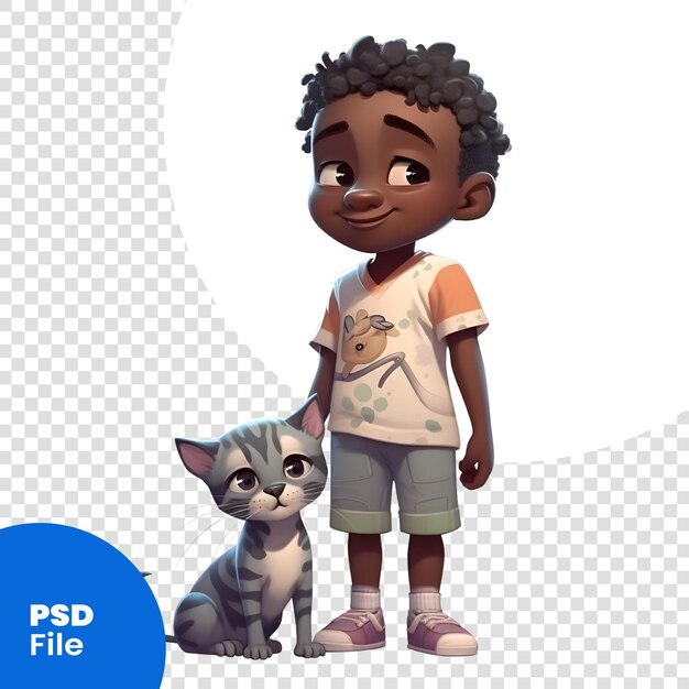 PSD 3d-rendering eines kleinen schwarzen jungen mit einer katze auf weißem hintergrund psd-vorlage