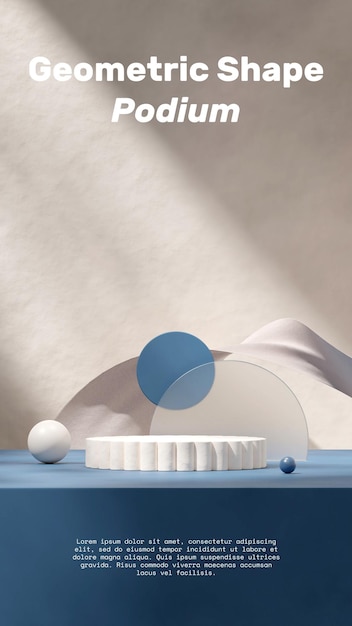 3D-Rendering eines leeren Mockup-Podiums mit weißer Struktur in Porträtglaszylinder und schwebendem Stoff