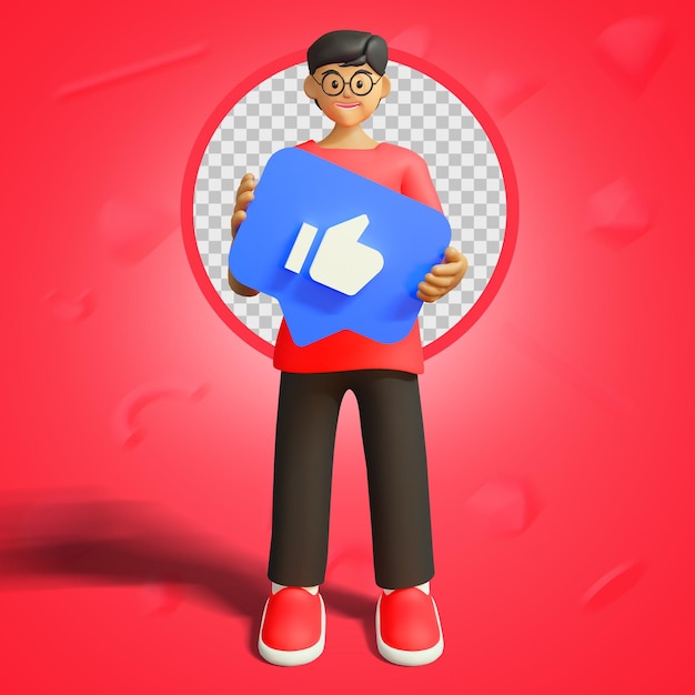 3d-rendering eines männlichen charakters, der facebook like react hält