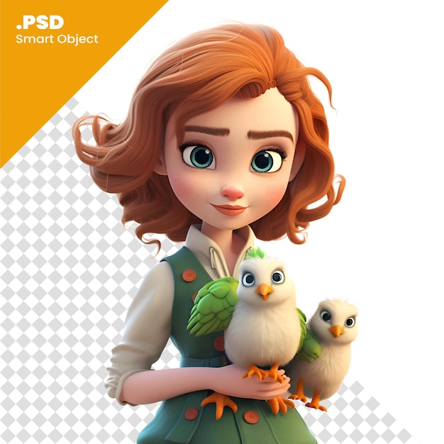 PSD 3d-rendering eines niedlichen cartoon-mädchens mit babyvögeln auf weißem hintergrund psd-vorlage