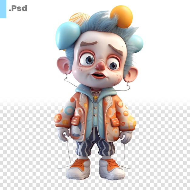 PSD 3d-rendering eines niedlichen kleinen jungen, der ein clown-kostüm trägt