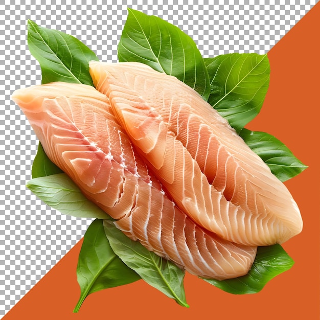 PSD 3d-rendering eines rohen fisches auf blättern auf durchsichtigem hintergrund