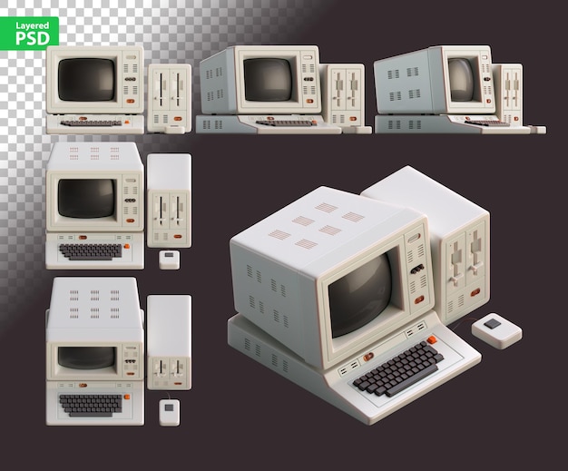3D-Rendering eines Vintage-Computers Satz von mehreren flachen und isometrischen Ansichten