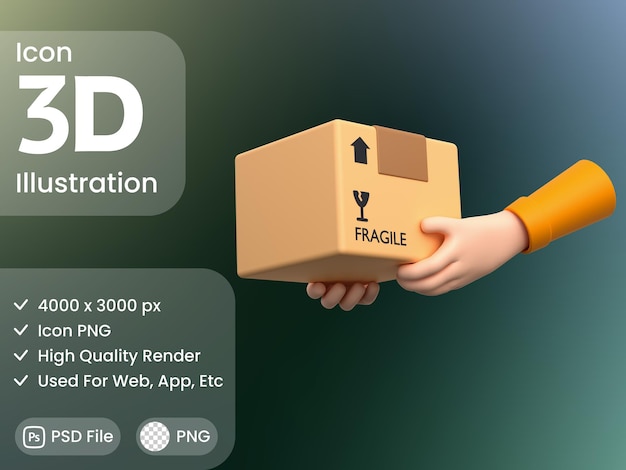 3D-Rendering eines von Hand getragenen Verpackungsobjekts, PSD-Datei