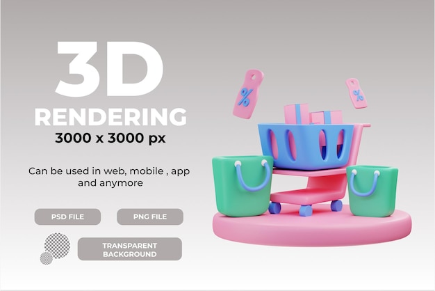 PSD 3d-rendering einkaufen auf warenkorb-illustrationsobjekt mit transparentem hintergrund