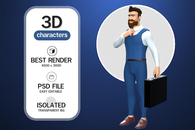 3d rendering empresario personaje de dibujos animados de pie y sosteniendo maletín aislado con fondo