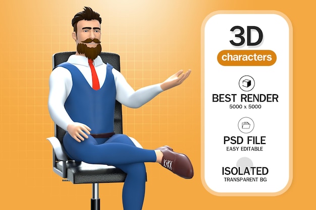 3D rendering empresario sentado en una silla aislado sobre fondo blanco.