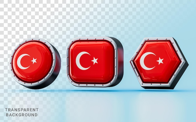 PSD 3d-rendering flaggenzeichen der türkei in drei verschiedenen formen, kreis, quadrat und sechseck