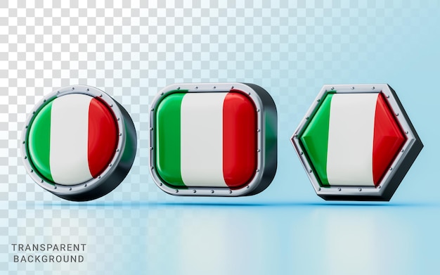 PSD 3d-rendering flaggenzeichen italiens in drei verschiedenen formen, kreis, quadrat und sechseck