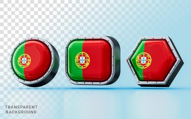 PSD 3d-rendering flaggenzeichen portugals in drei verschiedenen formen, kreis, quadrat und sechseck