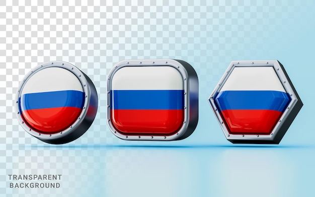 PSD 3d-rendering flaggenzeichen russlands in drei verschiedenen formen, kreis, quadrat und sechseck