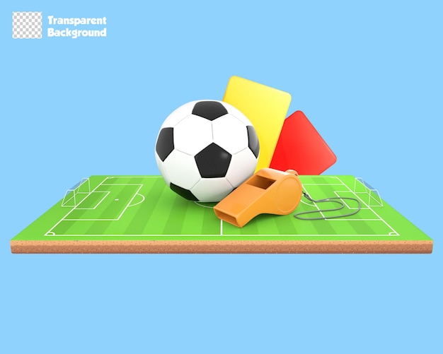 3D-Rendering Fußball, Pfeife und Karten auf der Seitenansicht des Fußballplatzes