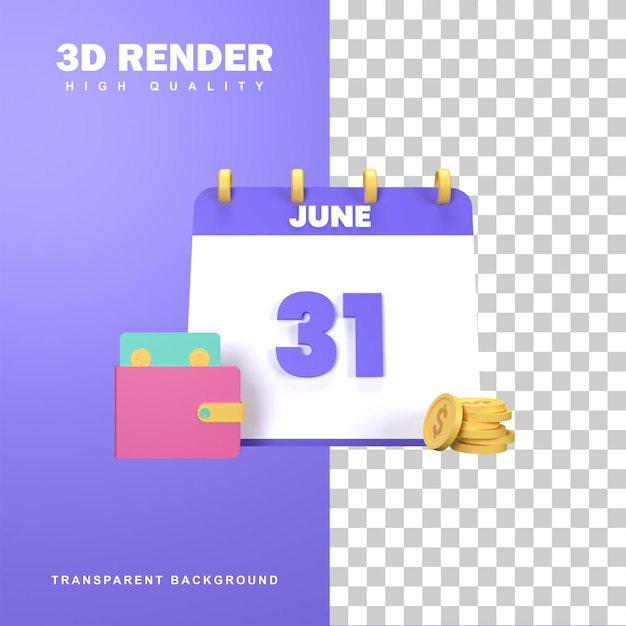 3D-Rendering-Gehaltszahlungskonzept mit einem Kalender mit dem 31.